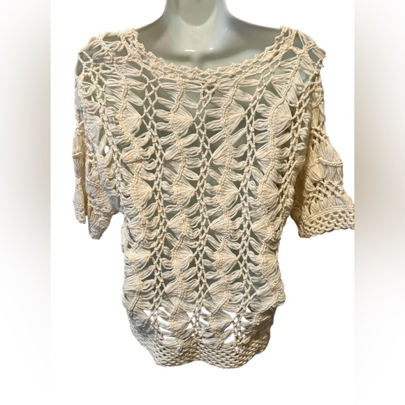 Chico’s Open Crochet Macrame Ivory SS Sweater Sz 1/M Casual Summer Pullover Top - Picture 3 of 5